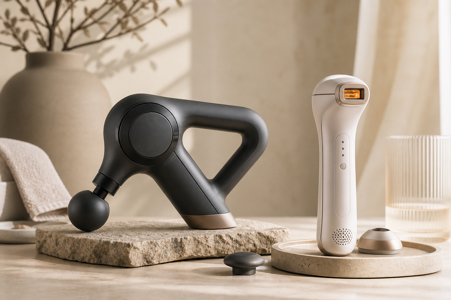 Voridge massage and beauty devices arranged in a warm premium studio scene